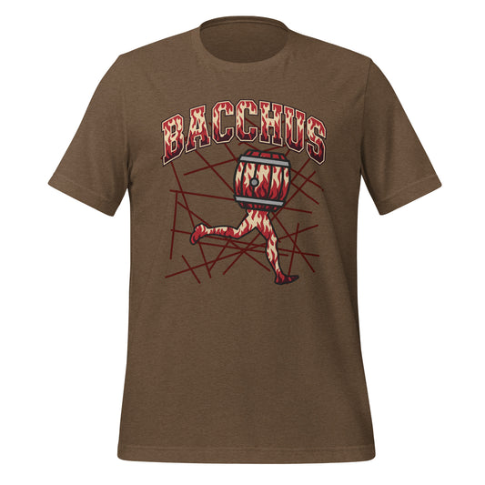 Brown t-shirt with 'Bacchus' graphic design and graphic design  on a white background