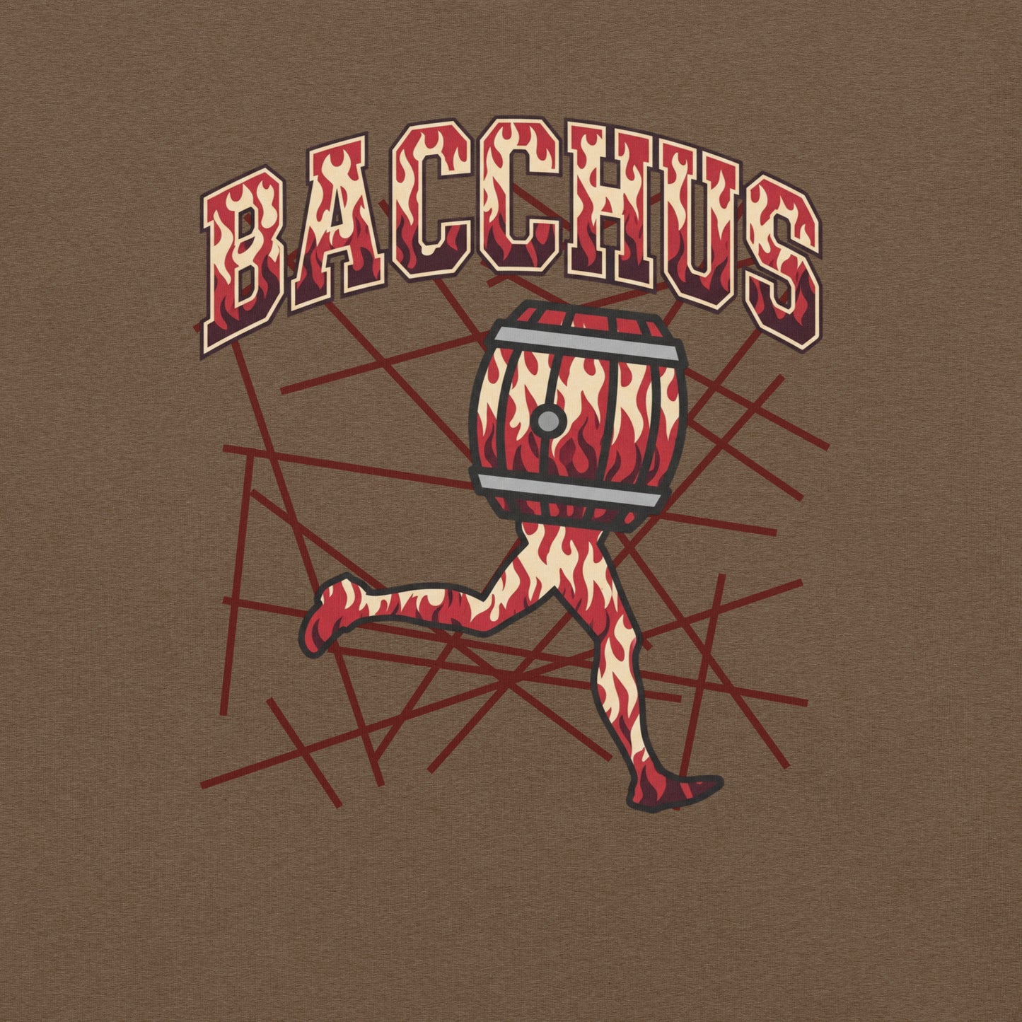 T-shirt design with a running figure carrying a barrel and 'Bacchus' text on a brown background
