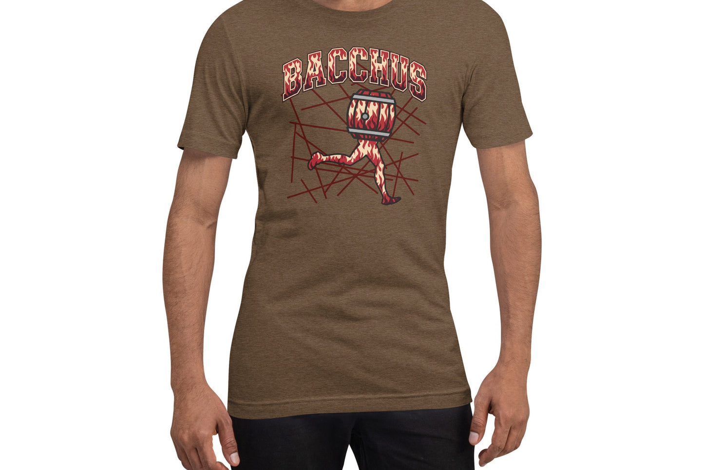 Man wearing a brown t-shirt with a graphic design on the tee with flames and a funny character