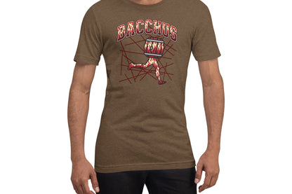 Man wearing a brown t-shirt with a graphic design on the tee with flames and a funny character