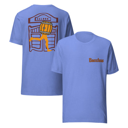 Blue t-shirt with graphic design on the back and 'Bacchus' text on the front.