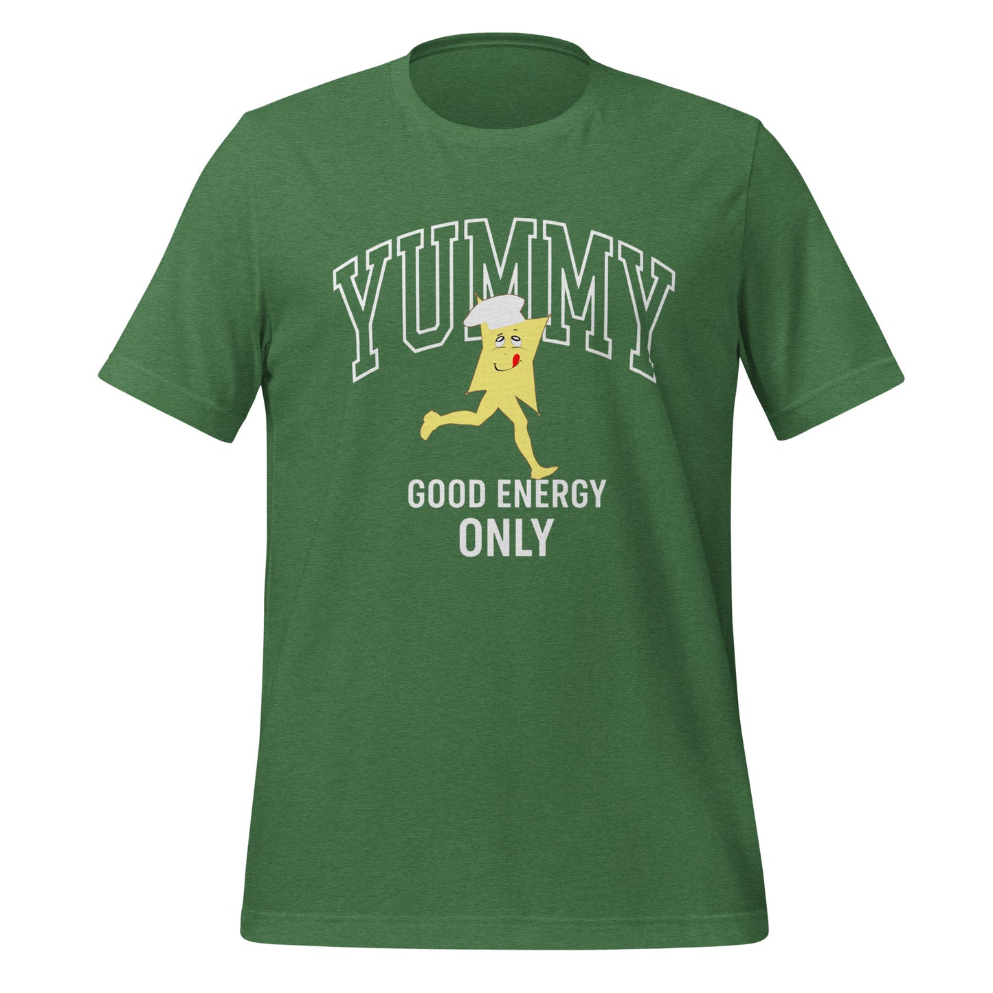Green graphic tee with a graphic of a cartoon character YUMMY and text "good energy only"