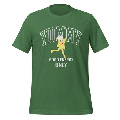 Green graphic tee with a graphic of a cartoon character YUMMY and text "good energy only"