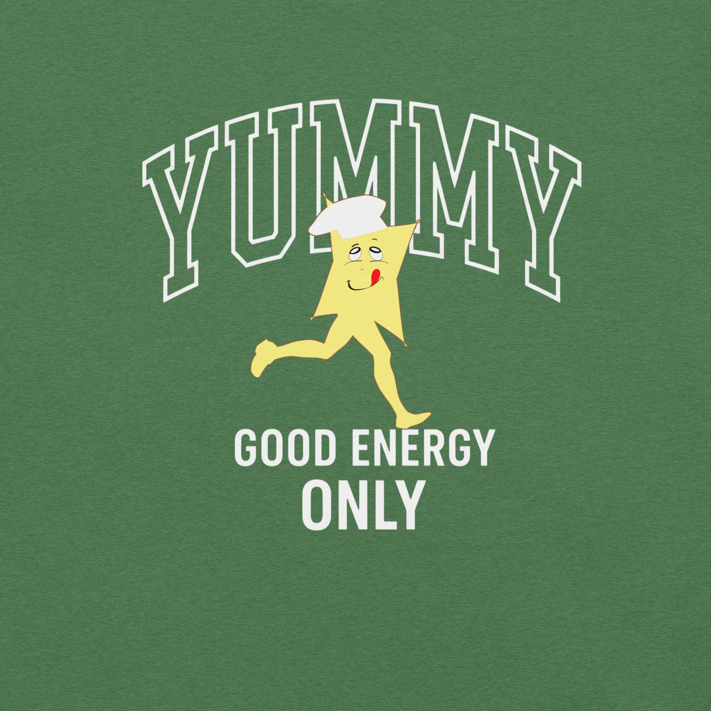 Green t-shirt with a cartoon character and text 'YUMMY GOOD ENERGY ONLY' on a green background