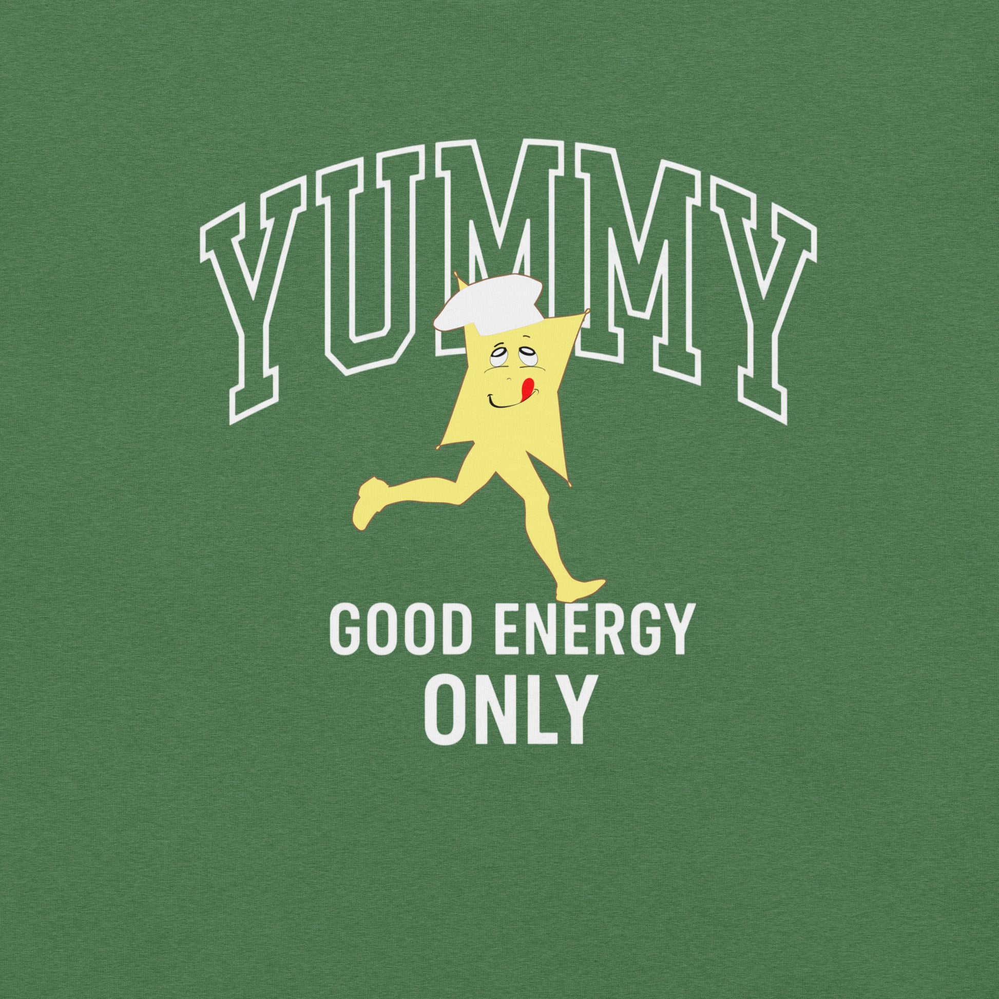 Green t-shirt with a cartoon character and text 'YUMMY GOOD ENERGY ONLY' on a green background