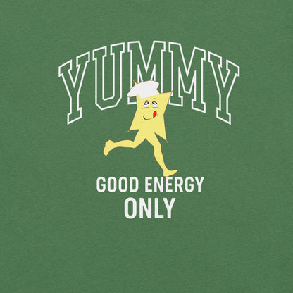 Green t-shirt with a cartoon character and text 'YUMMY GOOD ENERGY ONLY' on a green background