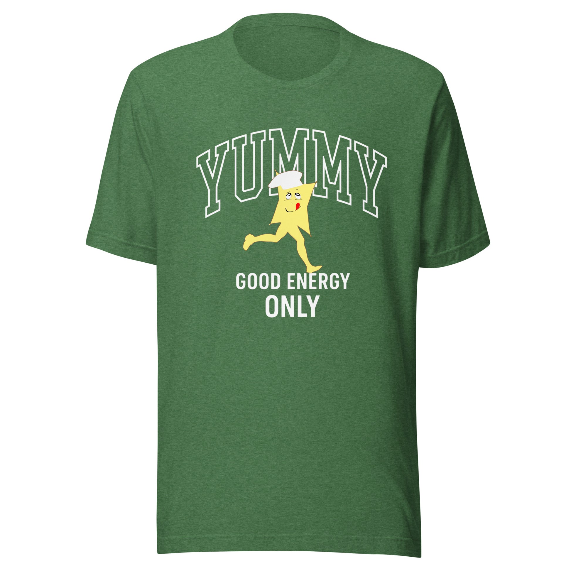 Green t-shirt with a graphic of a cartoon character YUMMY and text "good energy only"