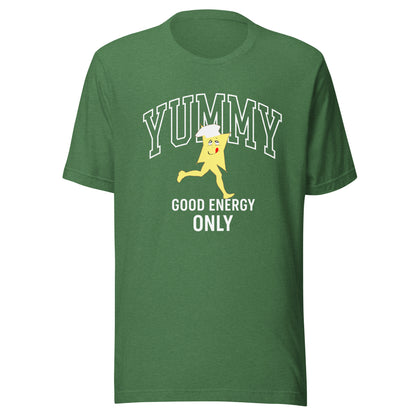 Green t-shirt with a graphic of a cartoon character YUMMY and text "good energy only"
