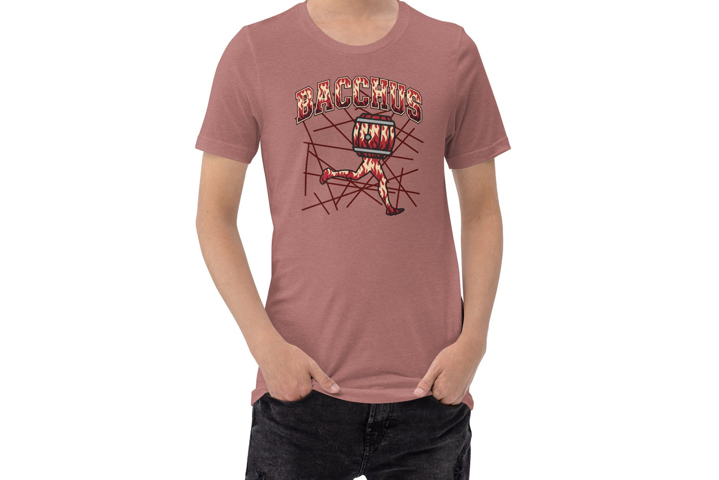 Person wearing a maroon t-shirt with graphic design on a white background