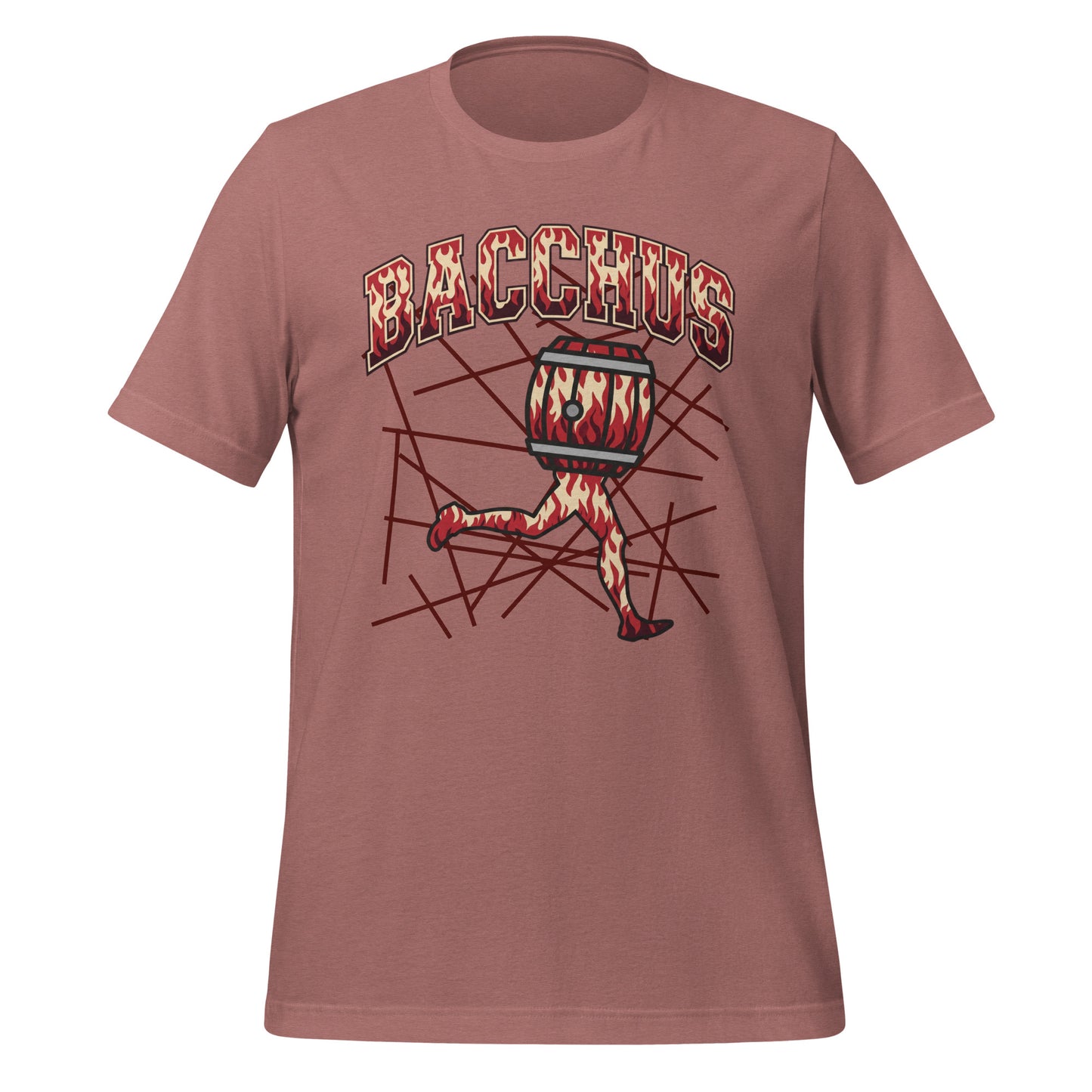 Brown t-shirt with a graphic design of a running figure with leg abd a barrel and the word 'Bacchus' on a white background.
