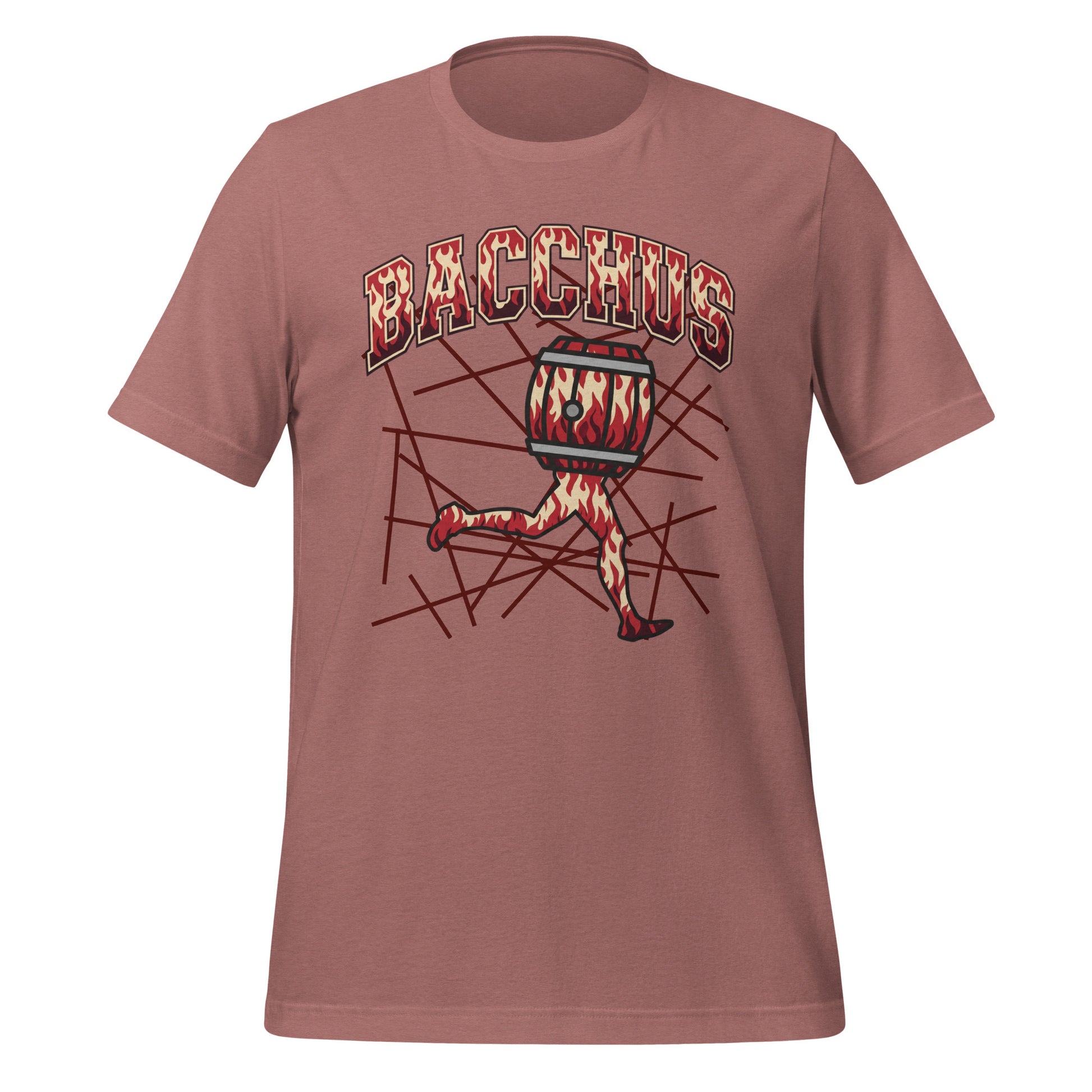 Brown t-shirt with a graphic design of a running figure with leg abd a barrel and the word 'Bacchus' on a white background.