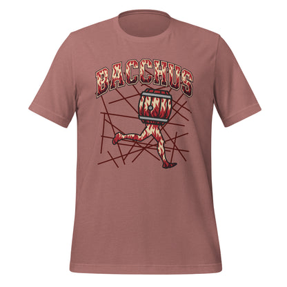 Brown t-shirt with a graphic design of a running figure with leg abd a barrel and the word 'Bacchus' on a white background.