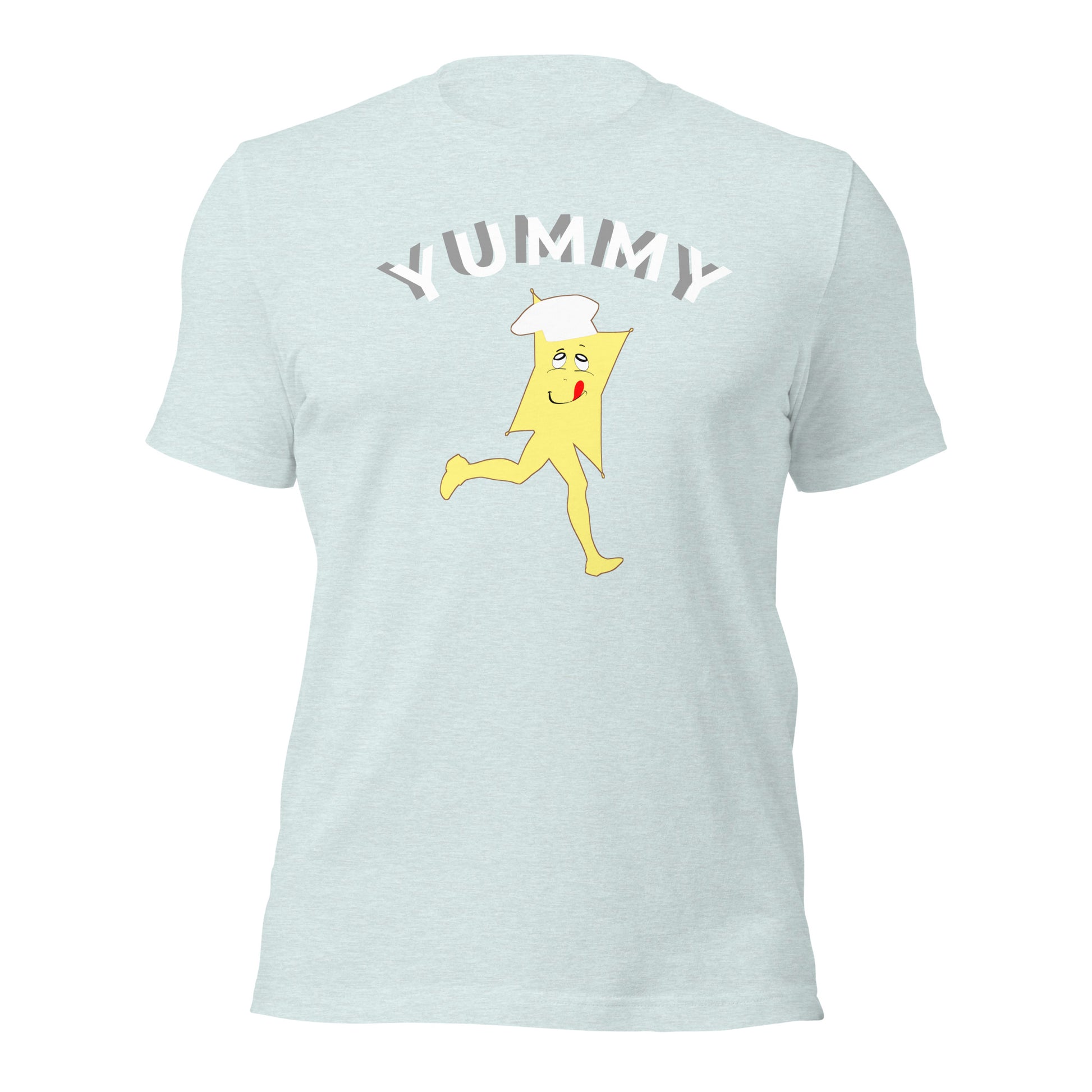Light blue t-shirt with a cartoon character and 'Yummy' text on a white background