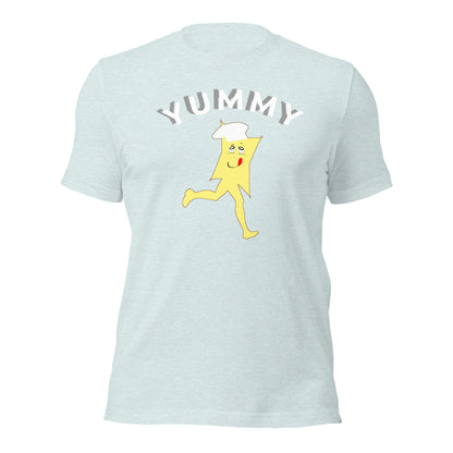 Light blue t-shirt with a cartoon character and 'Yummy' text on a white background