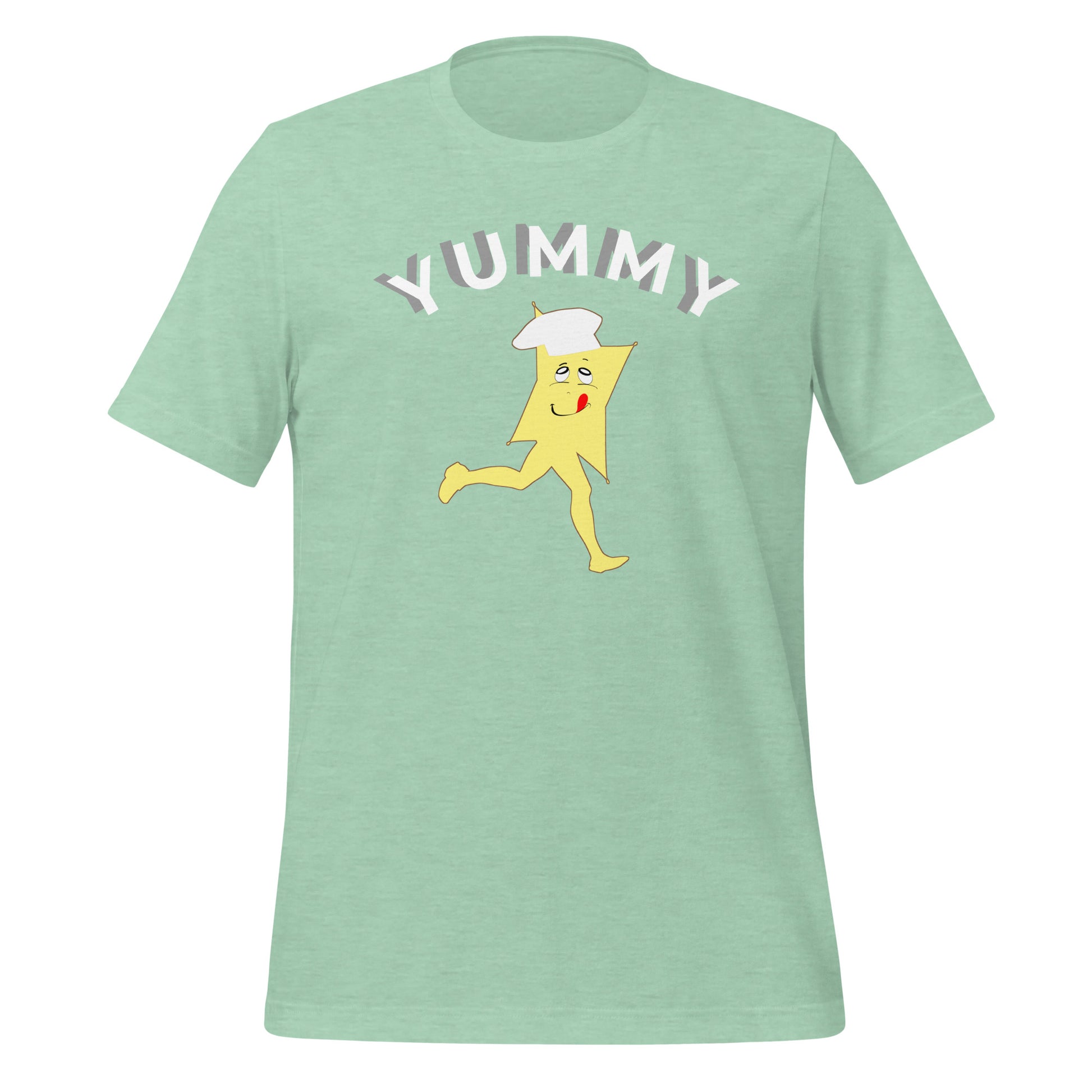 Light green t-shirt with cartoon character and 'Yummy' text on a white background