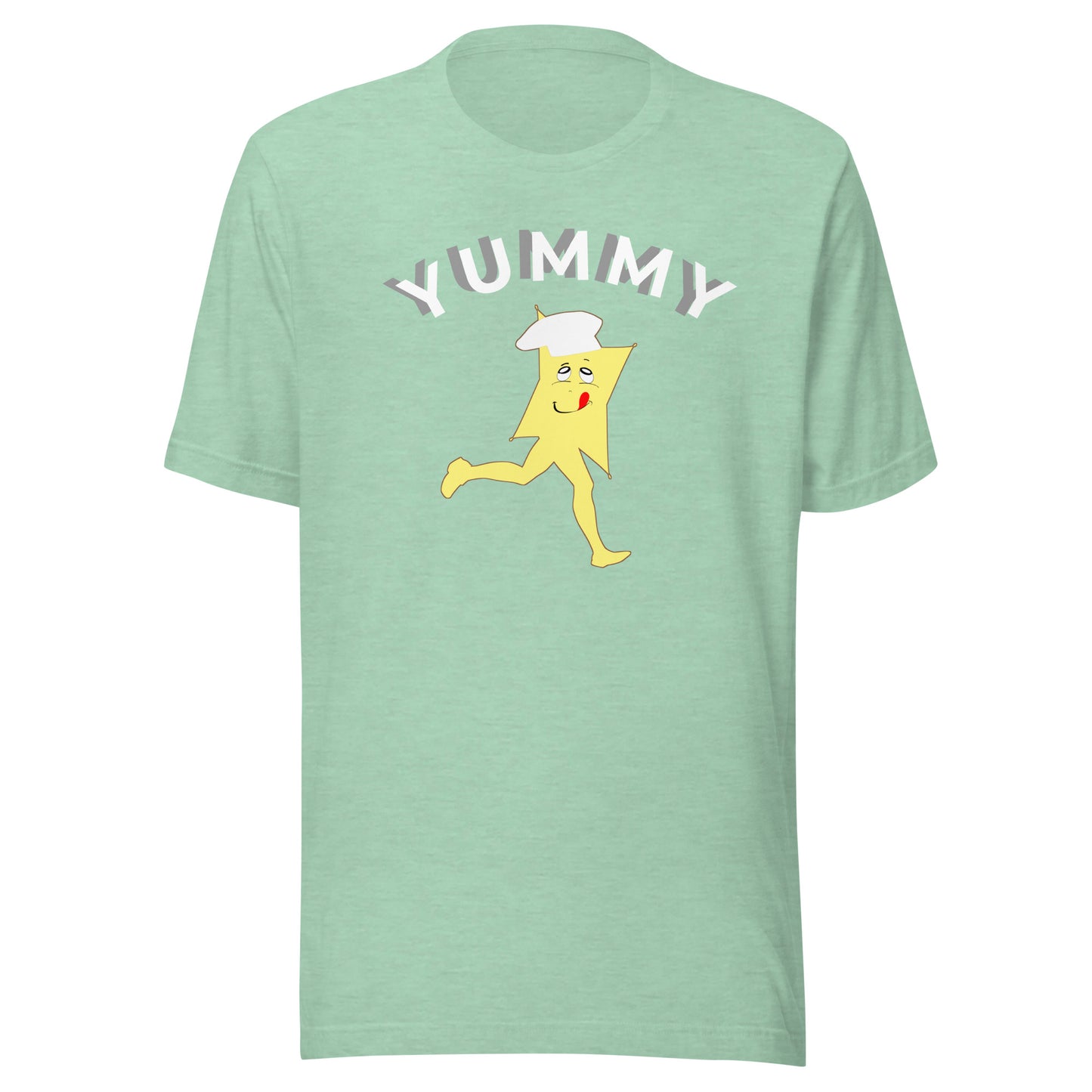 Light green t-shirt with a cartoon character and 'Yummy' text on a white background