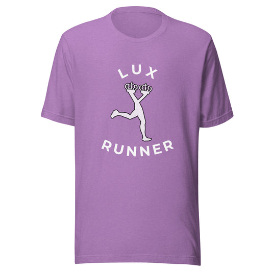 Purple t-shirt with Lux character on the front and text Lux Runner