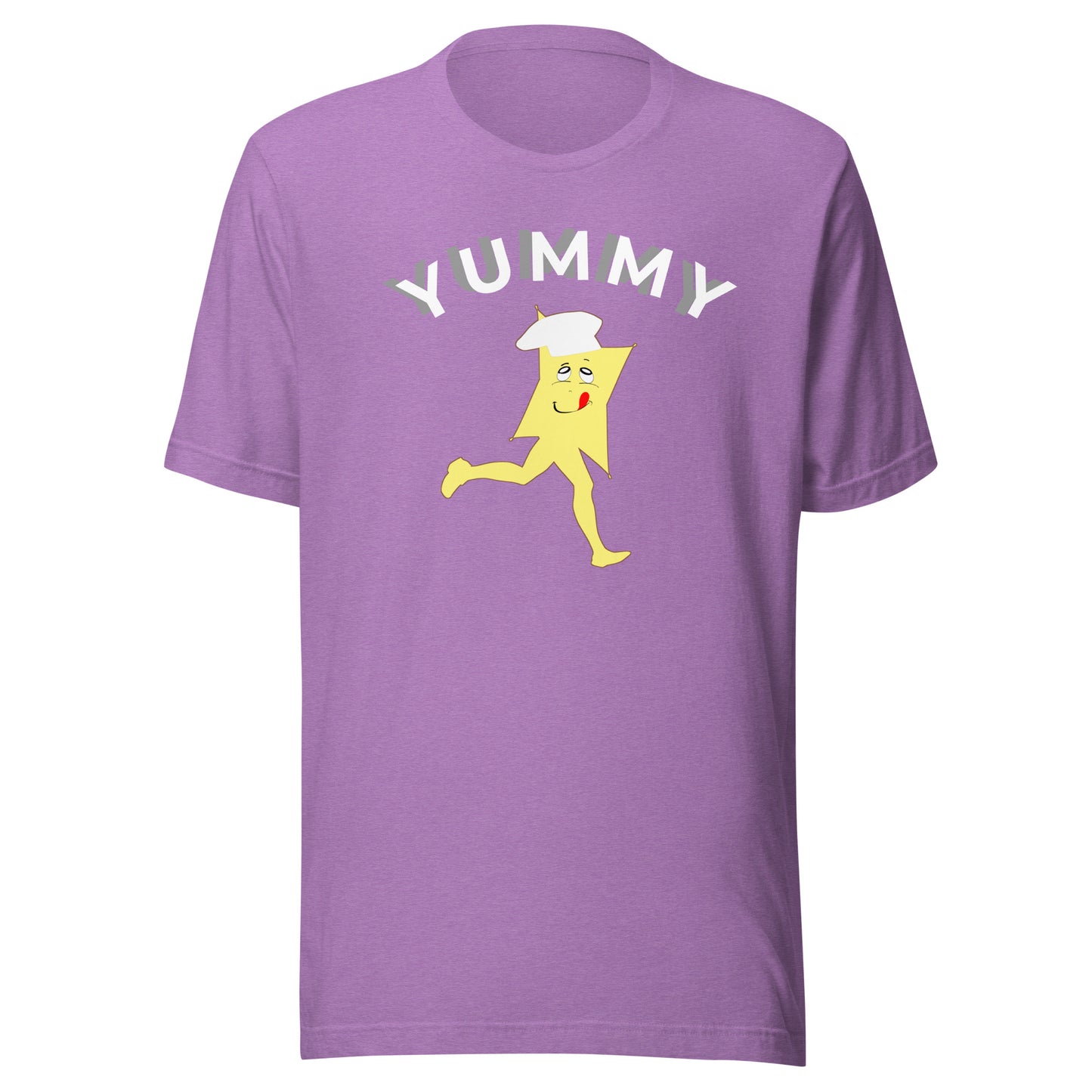 Purple t-shirt with a cartoon character and 'Yummy' text on a white background