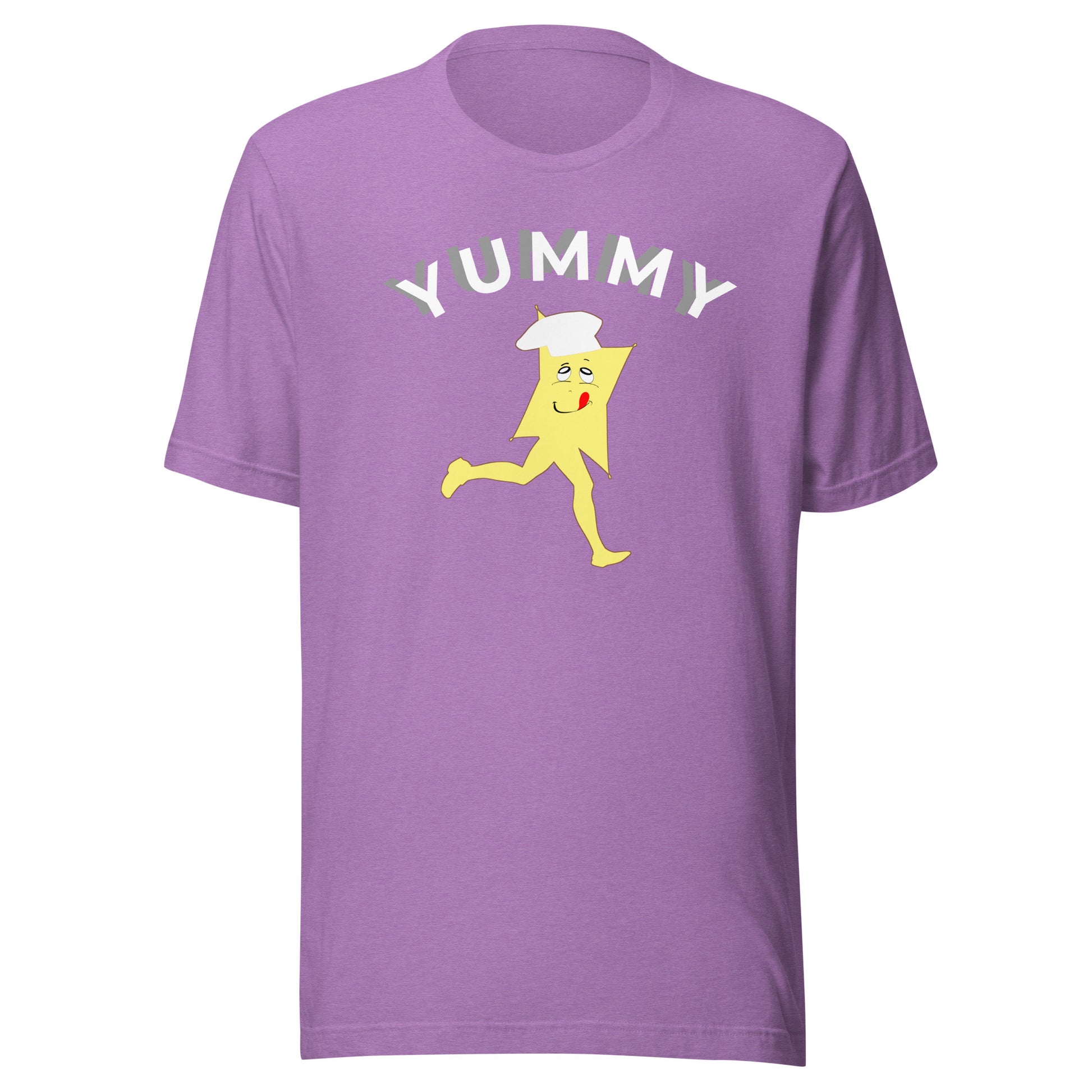 Purple t-shirt with a cartoon character and 'Yummy' text on a white background
