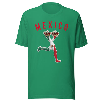 Green t-shirt with a graphic of a person holding two crowns and the word 'MEXICO' .World cup 2026 fan tee