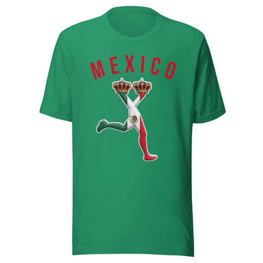 Green t-shirt with a graphic of a person holding two crowns and the word 'MEXICO' .World cup 2026 fan tee