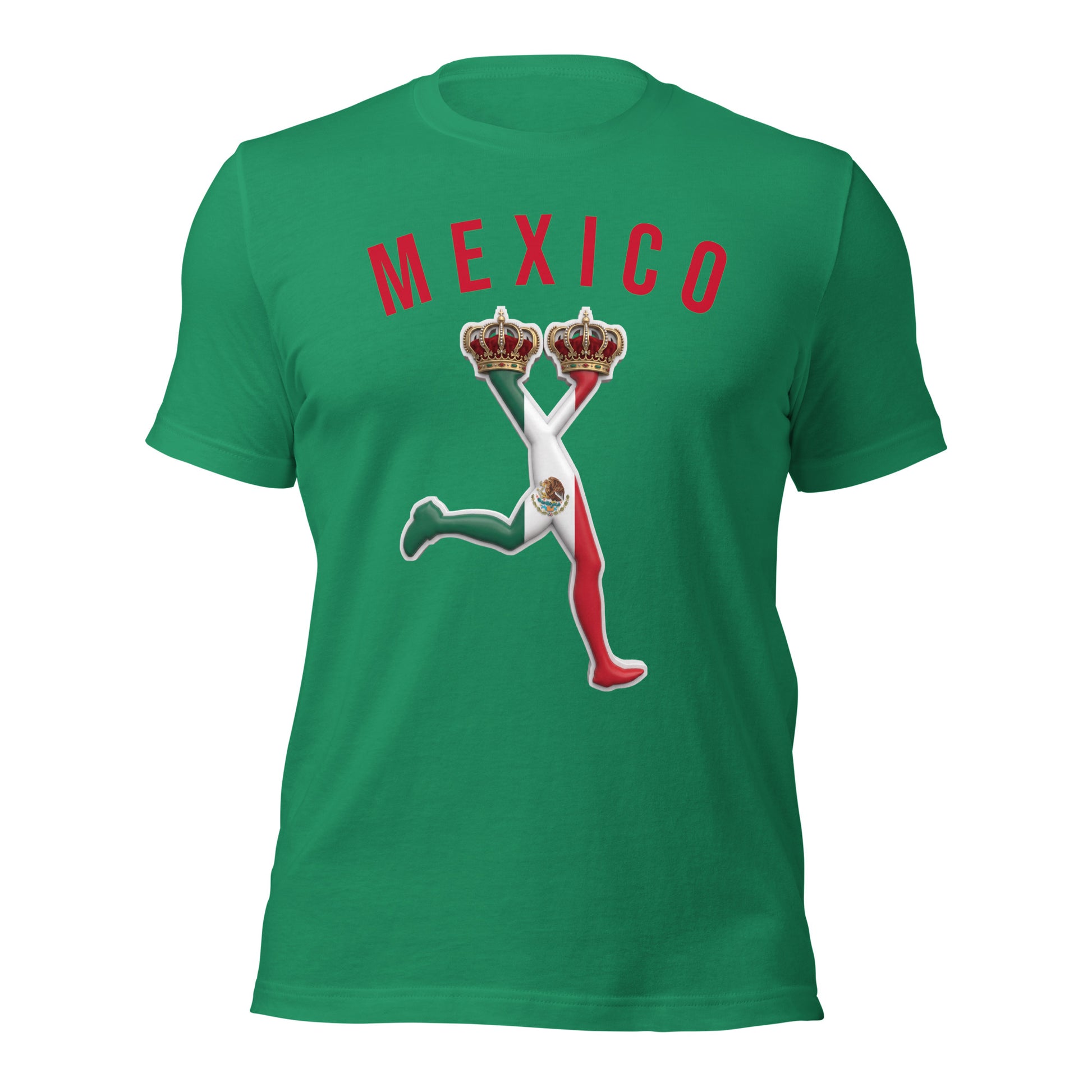 Green t-shirt with 'MEXICO' and a graphic design of the most wanted charatcter LUX with the falg of Mexico.World cup tee
