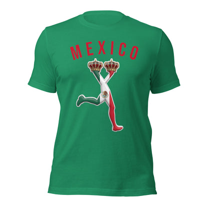 Green t-shirt with 'MEXICO' and a graphic design of the most wanted charatcter LUX with the falg of Mexico.World cup tee