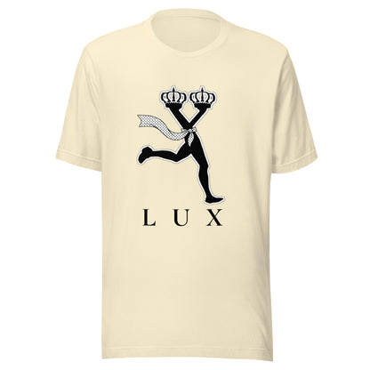 streetwear t shirt with character design,Natural color t-shirt with text 'LUX' 
