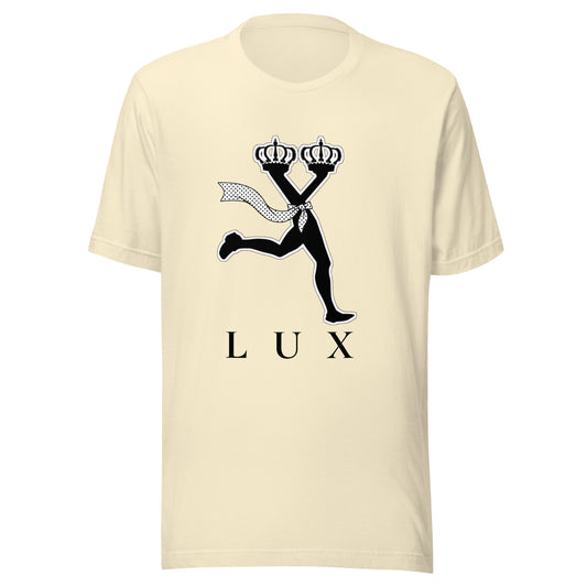 streetwear t shirt with character design,Natural color t-shirt with text 'LUX' 