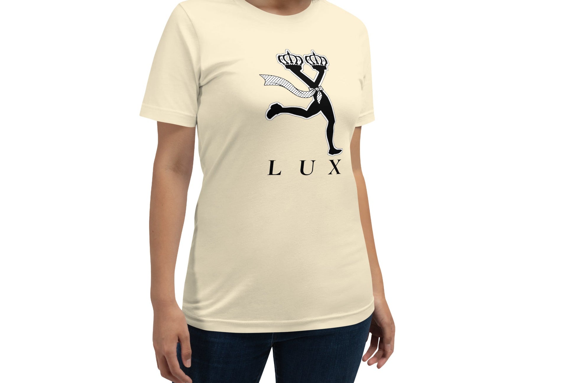 Woman wearing a cream t-shirt with a black graphic and 'LUX' text ,high end looking graphic t shirt