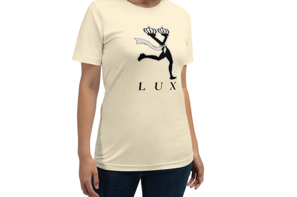 Woman wearing a cream t-shirt with a black graphic and 'LUX' text ,high end looking graphic t shirt
