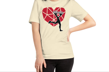 cream t shirt streetwear outfit with a red heart design featuring a silhouette of a person running.