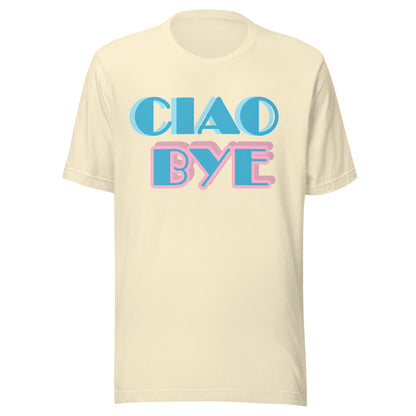 A cream-colored short-sleeve t-shirt with a retro graphic reading 'CIAO BYE' in light blue and pink bubble letters