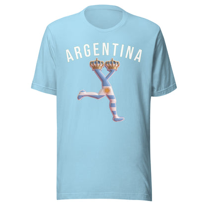Light blue t-shirt with 'ARGENTINA' and a graphic design on the Argentina flag  background