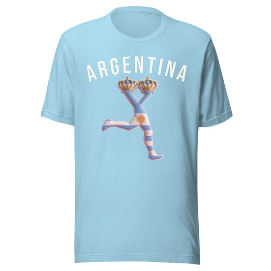 Light blue t-shirt with 'ARGENTINA' and a graphic design on the Argentina flag  background