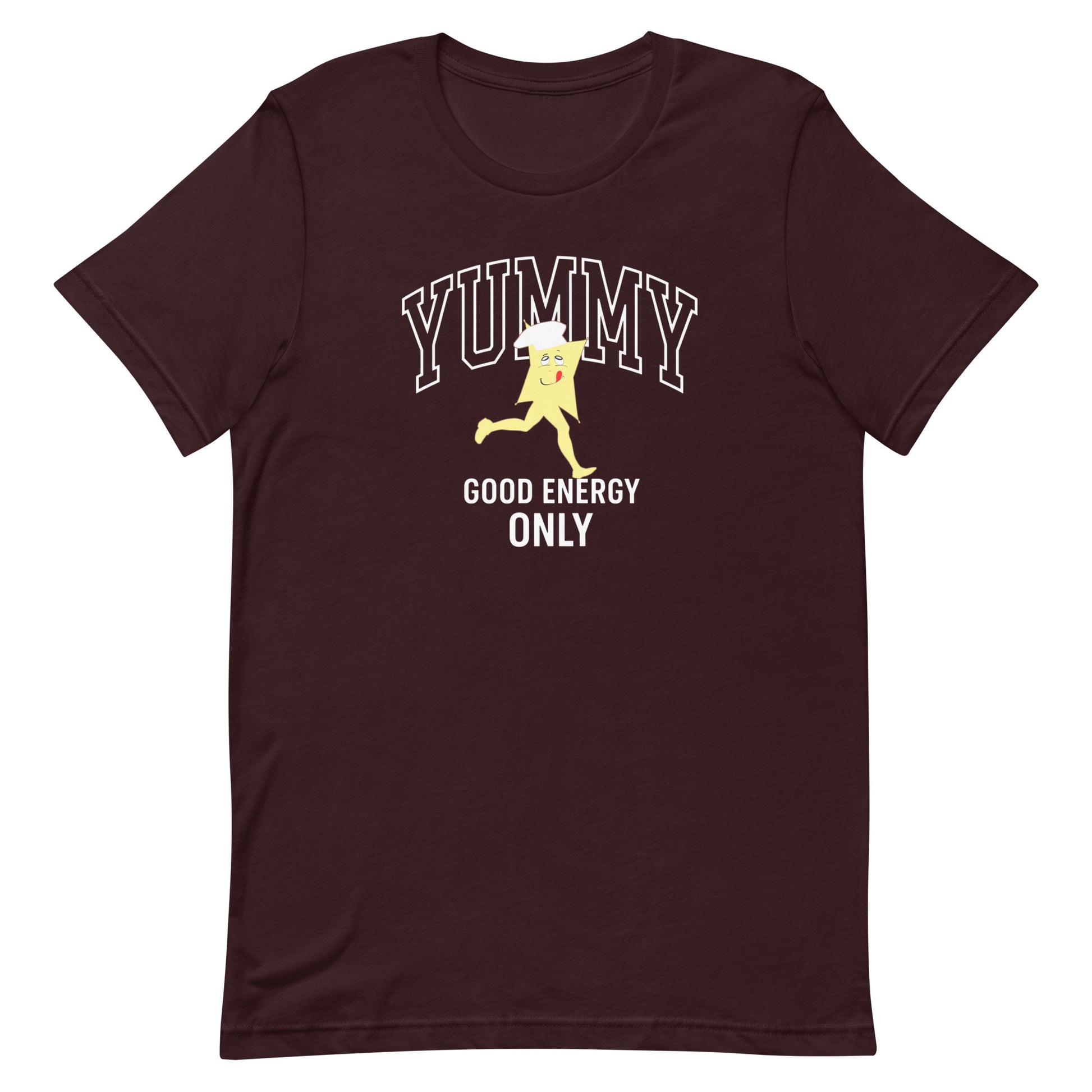 Maroongraphic tee with a graphic of a cartoon character YUMMY and text "good energy only"