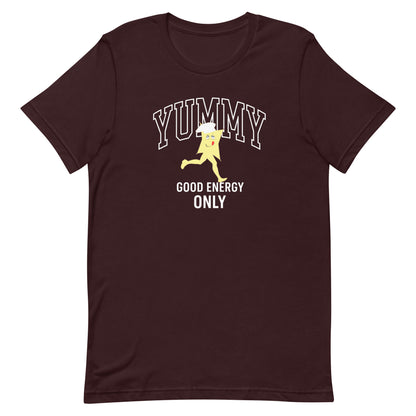 Maroongraphic tee with a graphic of a cartoon character YUMMY and text "good energy only"