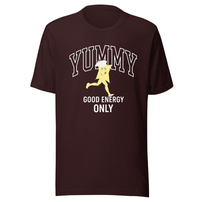 Brown t-shirt with a graphic of a cartoon character YUMMY and text "good energy only"