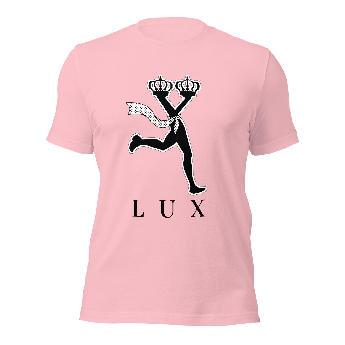 Pink t-shirt with black graphic design and 'LUX' text ,luxury streetwear graphic tee for women
