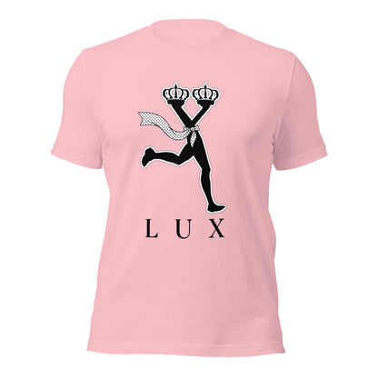 Pink t-shirt with black graphic design and 'LUX' text ,luxury streetwear graphic tee for women
