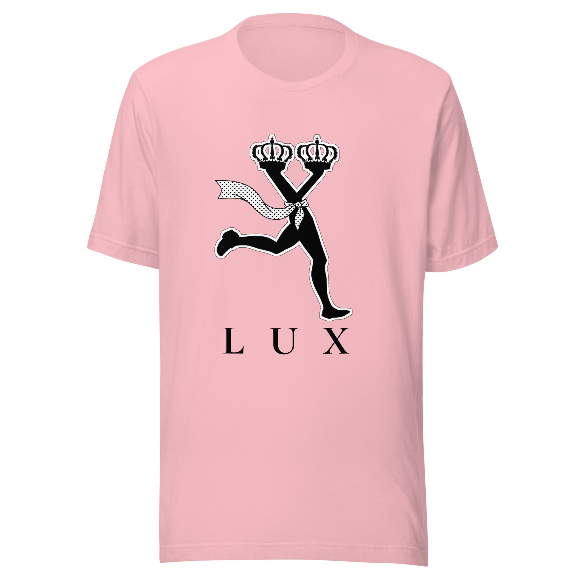 Pink t-shirt with black graphic design and 'LUX' text on a white background,t-shirt that doesn’t look basic