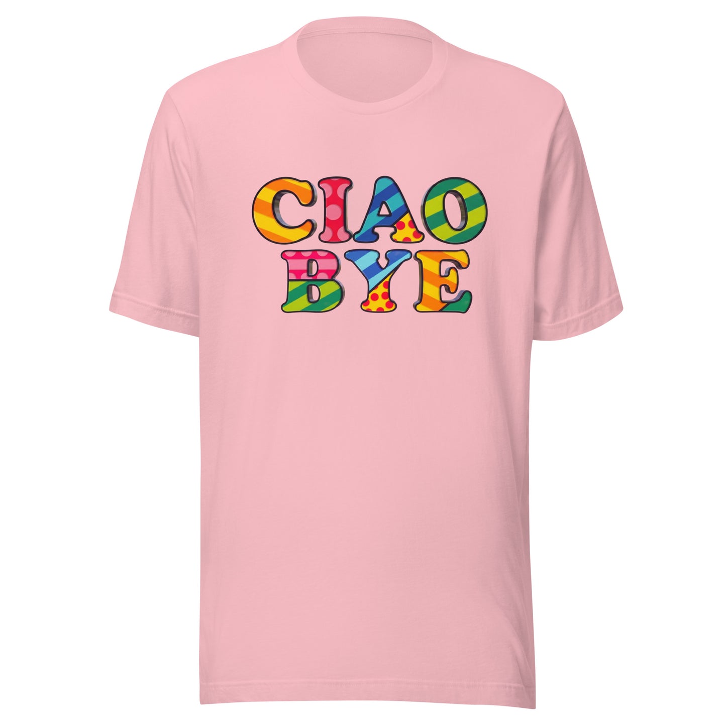 A light pink short-sleeve crewneck t-shirt featuring the text 'CIAO BYE' printed across the chest in large, colorful retro-style letters with a rainbow pattern.