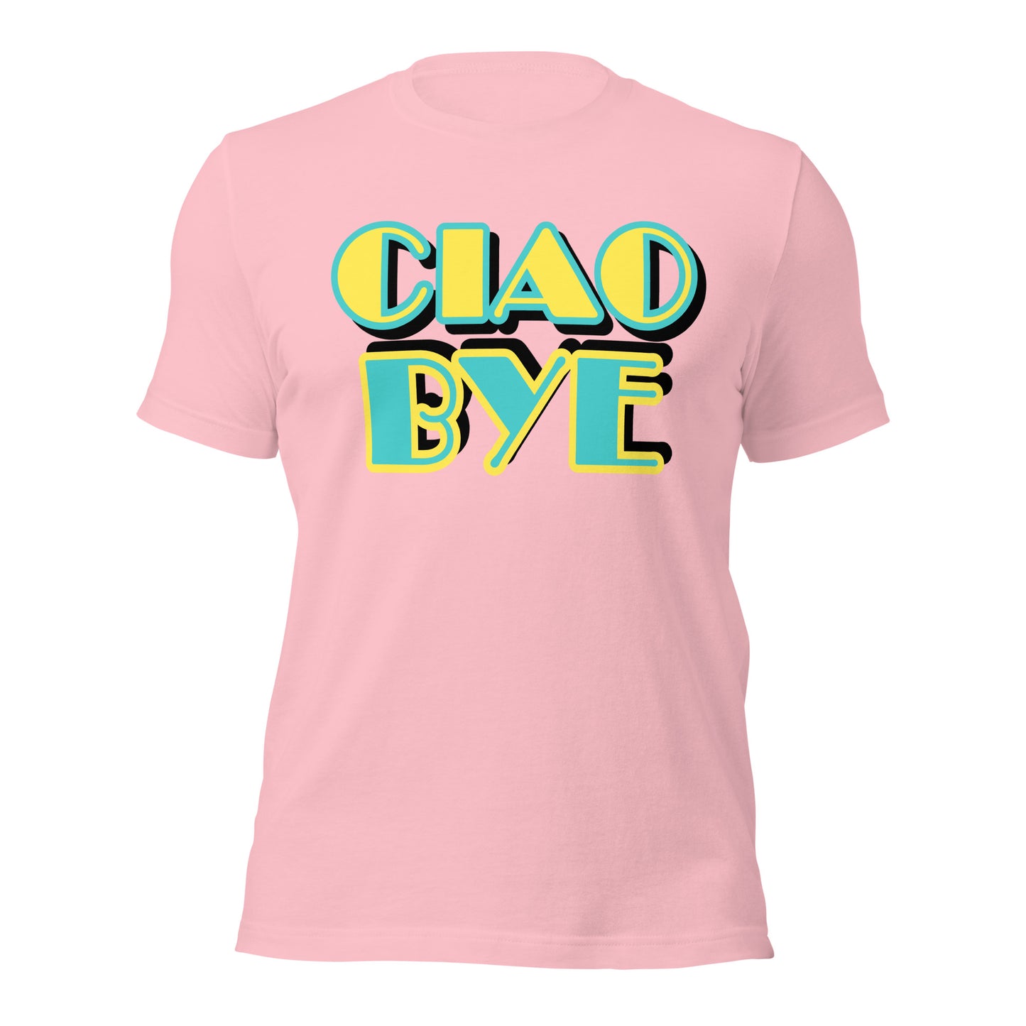 A light pink short-sleeve t-shirt with a retro-style graphic on the chest reading 'CIAO BYE' in bold yellow letters with teal and black outlline