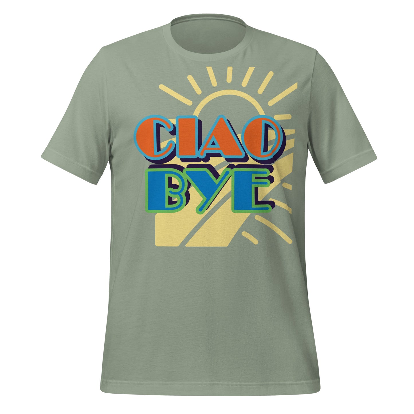A sage green short-sleeve t-shirt with a retro graphic on the chest reading 'CIAO BYE' in orange, blue, and green letters over a yellow sunburst background.
