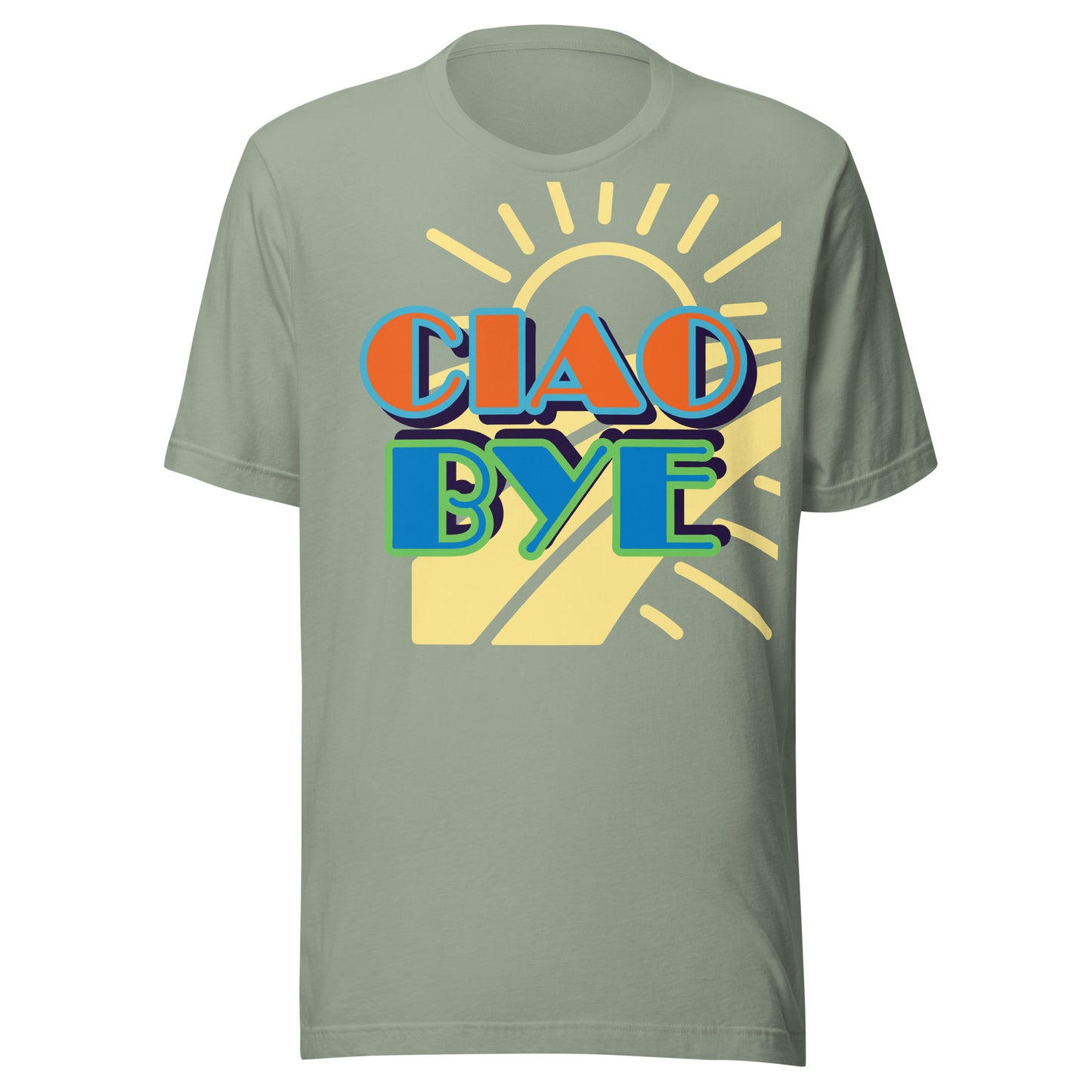 A sage green short-sleeve t-shirt with a retro graphic on the chest reading 'CIAO BYE' in orange and teal letters over a yellow sunburst background.