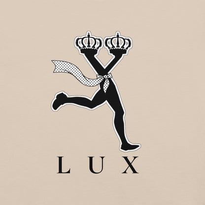 Graphic design with a silhouette of a person holding two crowns and a foulard, with 'LUX' text below ,high fashion streetwear t shirt
