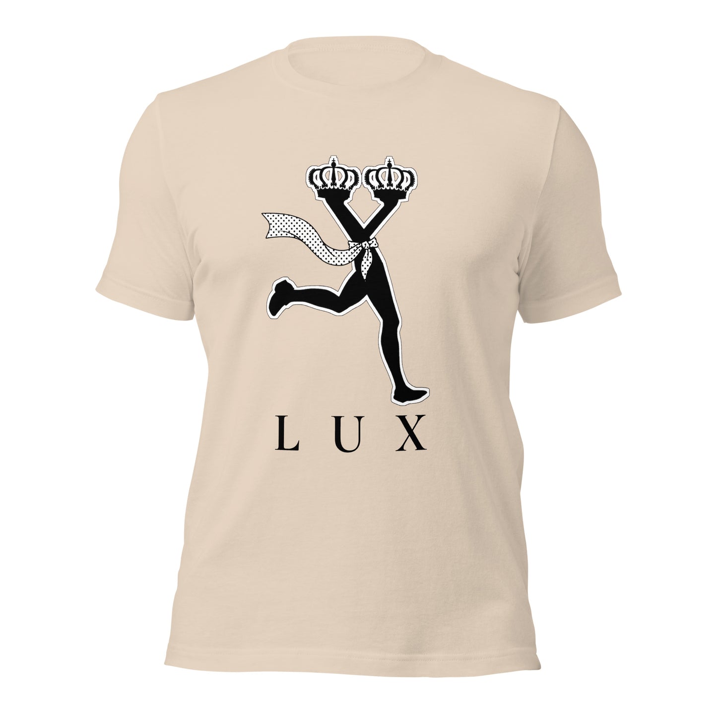 Cream t-shirt with black graphic design and 'LUX' text ,minimalist streetwear t shirt with a cool character