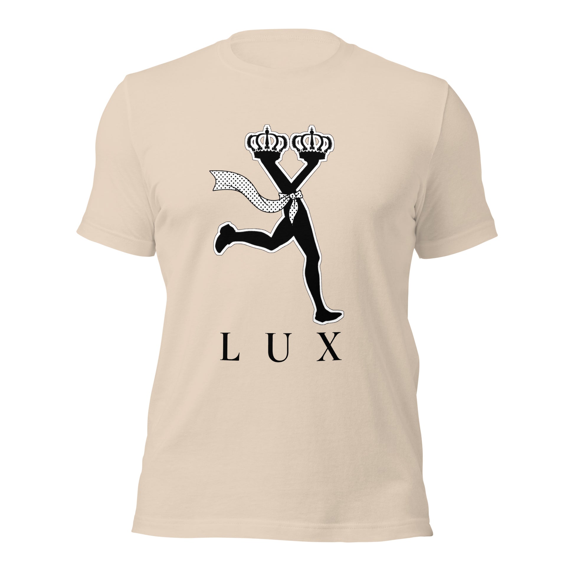 Cream t-shirt with black graphic design and 'LUX' text ,minimalist streetwear t shirt with a cool character