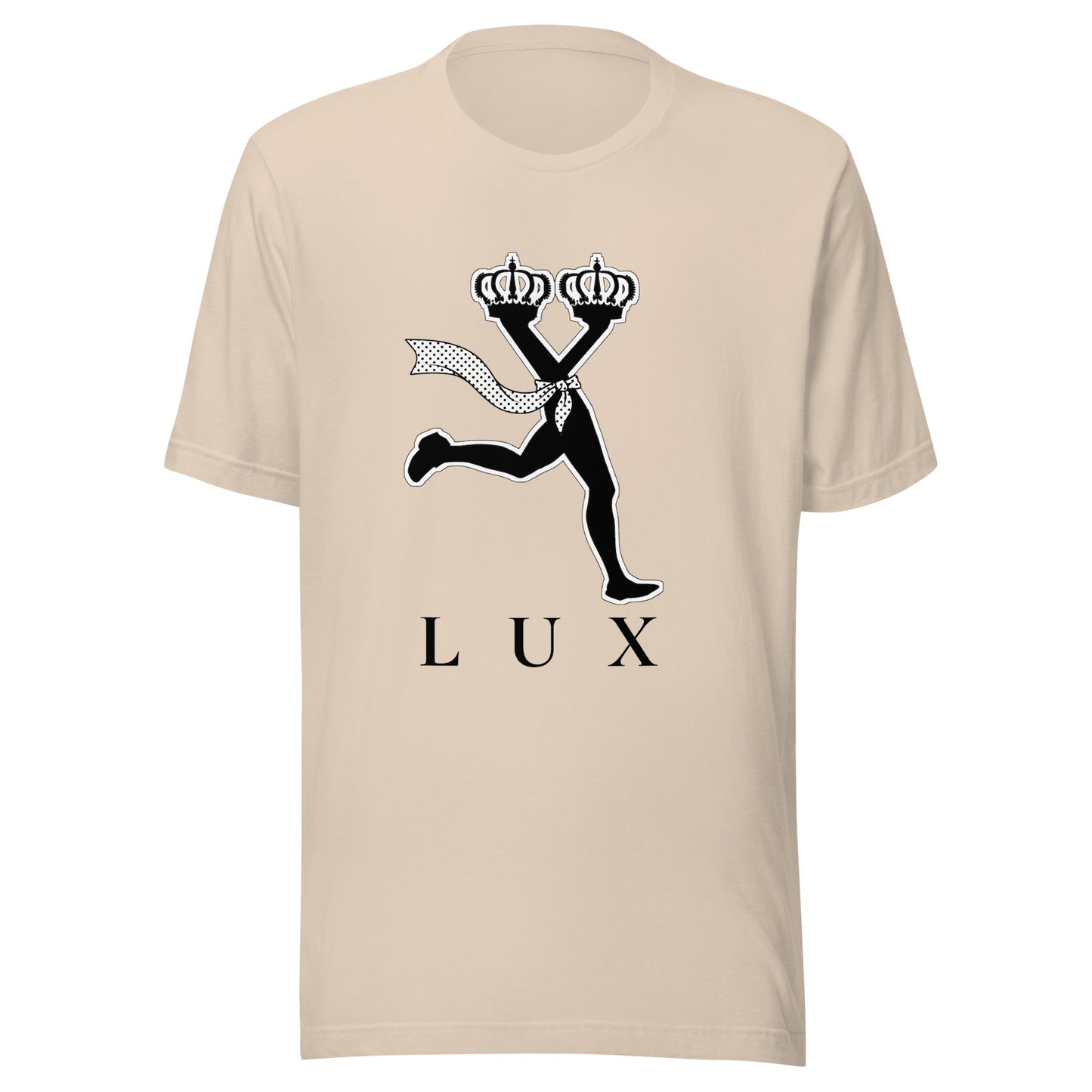 Cream t-shirt with black graphic design and 'LUX' text ,streetwear outfit