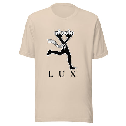 Cream t-shirt with black graphic design and 'LUX' text ,streetwear outfit